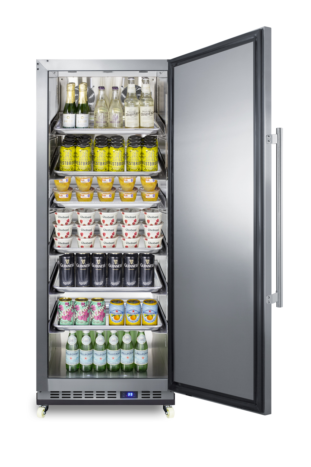 10.1 cu.ft. commercial all-refrigerator with stainless steel interior and exterior, digital thermostat, sheet pans and adjustable tray supports, chrome shelves, lock, automatic defrost operation, and removable dolly
